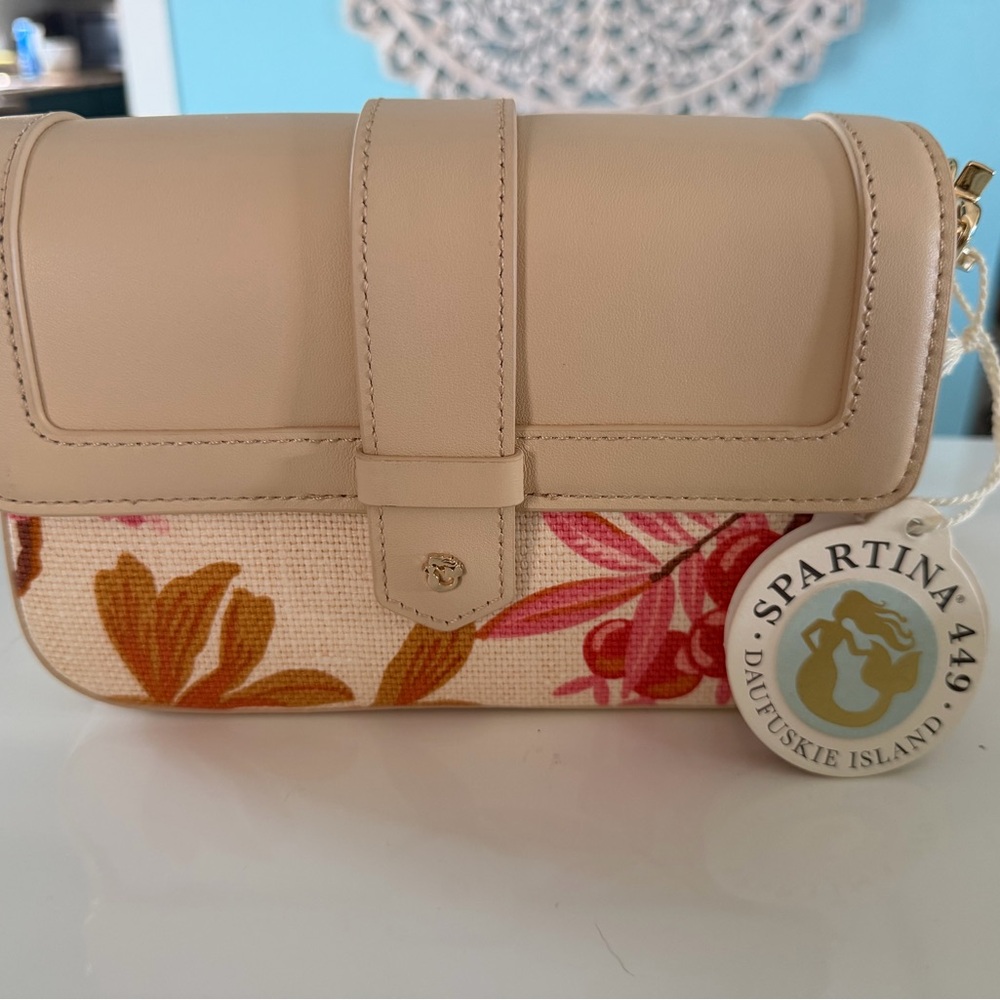 NWT Spartina 449 Beige Leather & Floral Crossbody - Picture 7 of 13